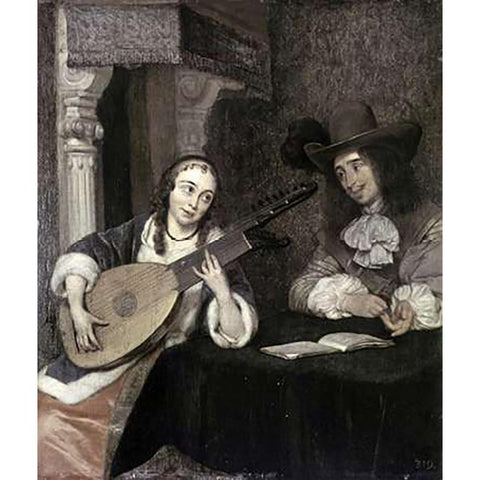 Woman Playing The Lute Black Modern Wood Framed Art Print with Double Matting by Ter Borch, Gerard