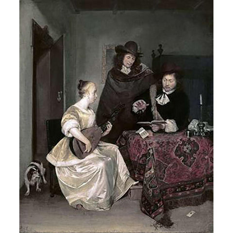 Young Woman Playing The Theorbo To Two Men White Modern Wood Framed Art Print by Ter Borch, Gerard