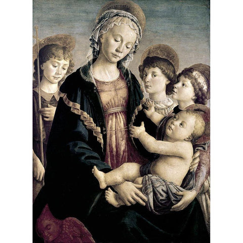 Madonna and Child With St. John Baptist and Two Angels Black Modern Wood Framed Art Print with Double Matting by Botticelli, Sandro