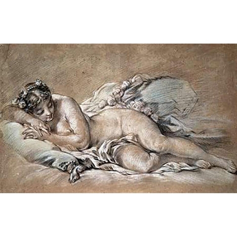 A Young Girl Sleeping Black Modern Wood Framed Art Print with Double Matting by Boucher, Francois