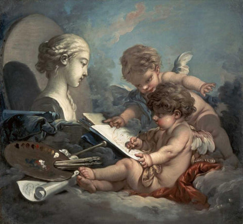 Amore, Allegory of Painting Black Ornate Wood Framed Art Print with Double Matting by Boucher, Francois