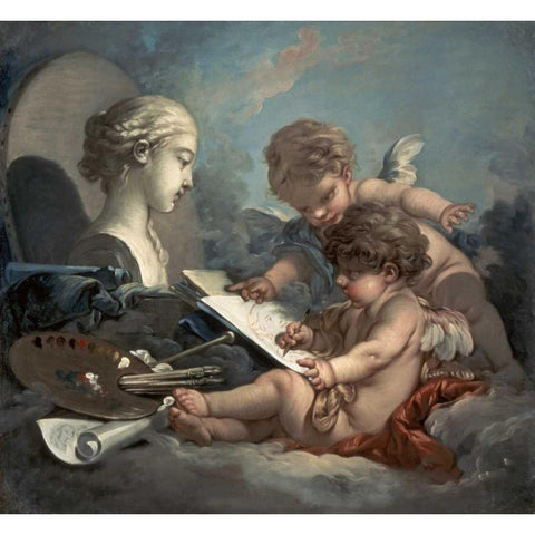 Amore, Allegory of Painting White Modern Wood Framed Art Print by Boucher, Francois