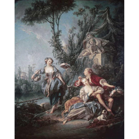 Flower Gatherers White Modern Wood Framed Art Print by Boucher, Francois