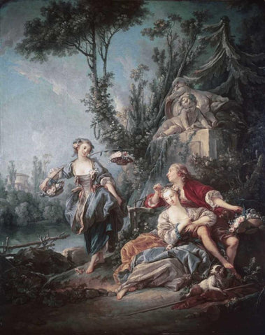 Flower Gatherers Black Ornate Wood Framed Art Print with Double Matting by Boucher, Francois