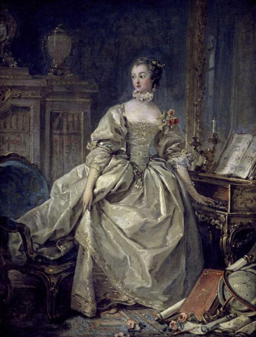 La Madame De Pompadour Black Ornate Wood Framed Art Print with Double Matting by Boucher, Francois