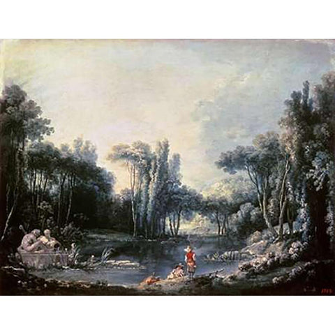 Landscape With a Pond Gold Ornate Wood Framed Art Print with Double Matting by Boucher, Francois