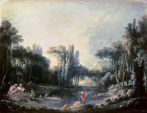 Landscape With a Pond White Modern Wood Framed Art Print with Double Matting by Boucher, Francois