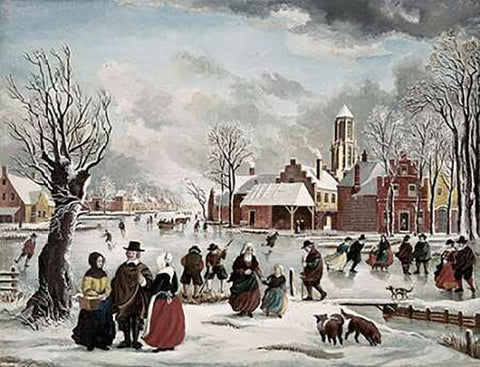 Winter Life In Holland Black Ornate Wood Framed Art Print with Double Matting by Van der Bowlen, J.