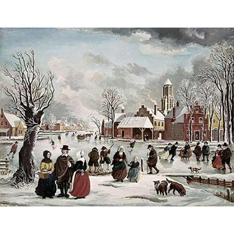 Winter Life In Holland Gold Ornate Wood Framed Art Print with Double Matting by Van der Bowlen, J.