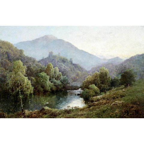 English Mountain Lake Black Modern Wood Framed Art Print by De Breanski, Alfred