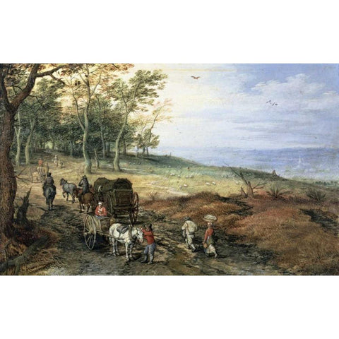 A Wooded Landscape with Travelers Black Modern Wood Framed Art Print by Jan Brueghel the Elder