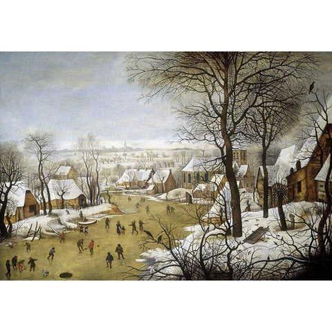 A Winter Landscape with Skaters and a Bird Trap Gold Ornate Wood Framed Art Print with Double Matting by Bruegel the Elder, Pieter