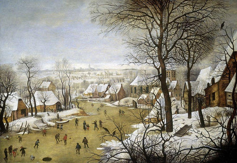 A Winter Landscape with Skaters and a Bird Trap Black Ornate Wood Framed Art Print with Double Matting by Bruegel the Elder, Pieter