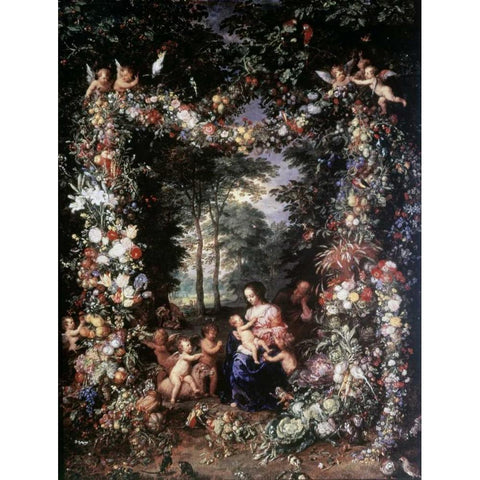 Holy Family W/ Wreath of Fruit and Flowers White Modern Wood Framed Art Print by Jan Brueghel the Elder