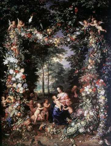 Holy Family W/ Wreath of Fruit and Flowers Black Ornate Wood Framed Art Print with Double Matting by Jan Brueghel the Elder