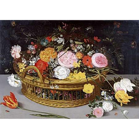 Roses Tulips, and Other Flowers In a Wicker Basket Black Modern Wood Framed Art Print with Double Matting by Brueghel, Jan