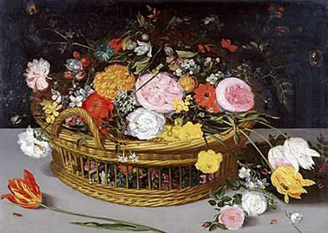 Roses Tulips, and Other Flowers In a Wicker Basket Black Ornate Wood Framed Art Print with Double Matting by Brueghel, Jan