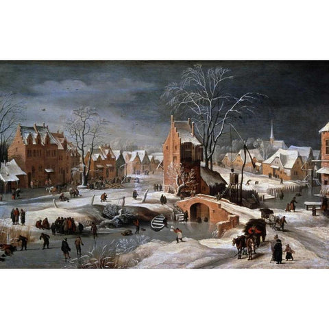 Winter Scene With Ice Skaters and Birds Gold Ornate Wood Framed Art Print with Double Matting by Bruegel, Pieter the Younger