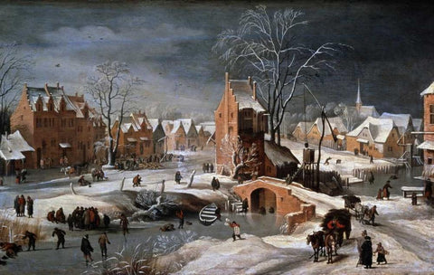Winter Scene With Ice Skaters and Birds White Modern Wood Framed Art Print with Double Matting by Bruegel, Pieter the Younger