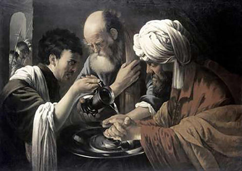 Pilate Washing His Hands White Modern Wood Framed Art Print with Double Matting by Ter Brugghen, Hendrick