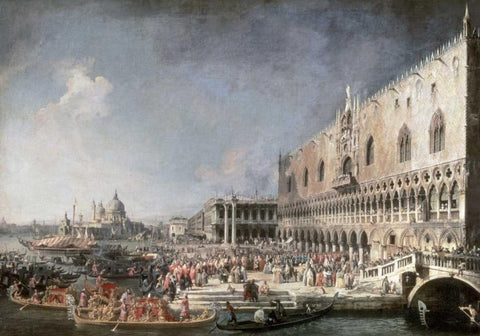 Reception of French Ambassador In Venice Black Ornate Wood Framed Art Print with Double Matting by Canaletto