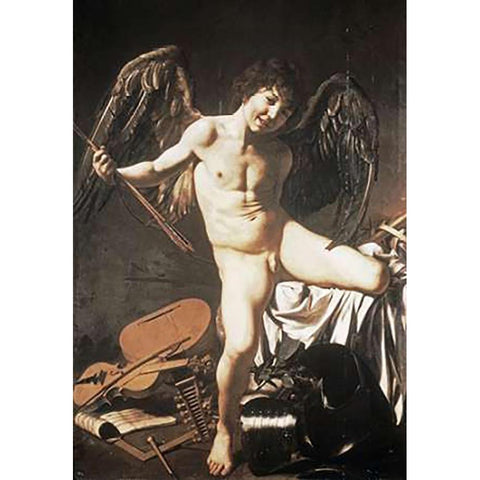 Amour Victorious Gold Ornate Wood Framed Art Print with Double Matting by Caravaggio