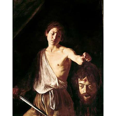 David With The Head of Goliath Gold Ornate Wood Framed Art Print with Double Matting by Caravaggio