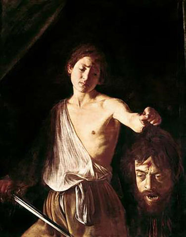 David With The Head of Goliath White Modern Wood Framed Art Print with Double Matting by Caravaggio