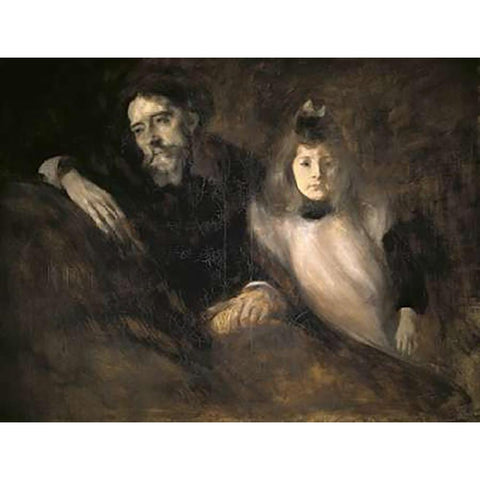 Alphonse Daudet and His Daughter Gold Ornate Wood Framed Art Print with Double Matting by Carriere, Eugene