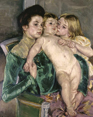 Childs Caress White Modern Wood Framed Art Print with Double Matting by Cassatt, Mary