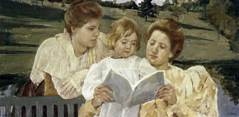 Family Group Reading White Modern Wood Framed Art Print with Double Matting by Cassatt, Mary