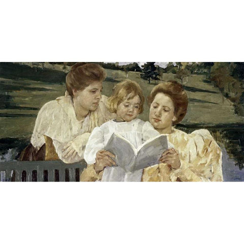Family Group Reading Black Modern Wood Framed Art Print with Double Matting by Cassatt, Mary