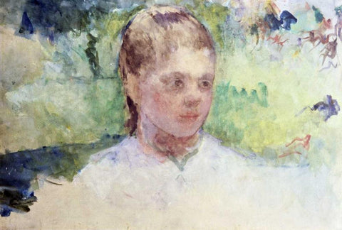 Little Girls Head - Green Background White Modern Wood Framed Art Print with Double Matting by Cassatt, Mary