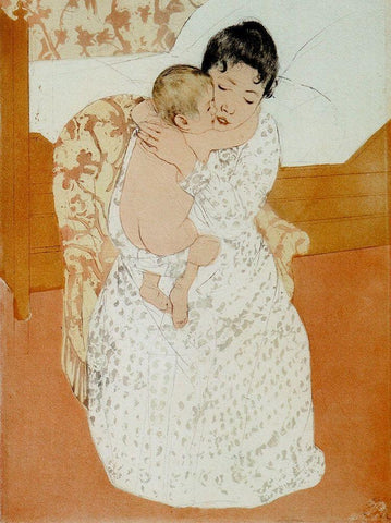 Maternal Caress White Modern Wood Framed Art Print with Double Matting by Cassatt, Mary