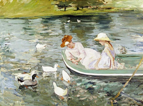 Summertime White Modern Wood Framed Art Print with Double Matting by Cassatt, Mary