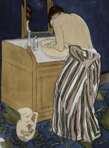 Woman Bathing White Modern Wood Framed Art Print with Double Matting by Cassatt, Mary