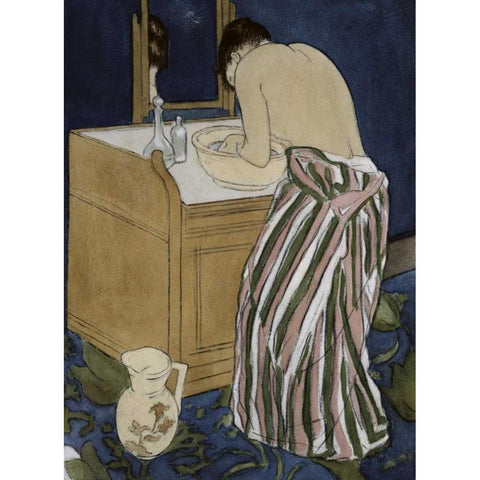 Woman Bathing Black Modern Wood Framed Art Print by Cassatt, Mary