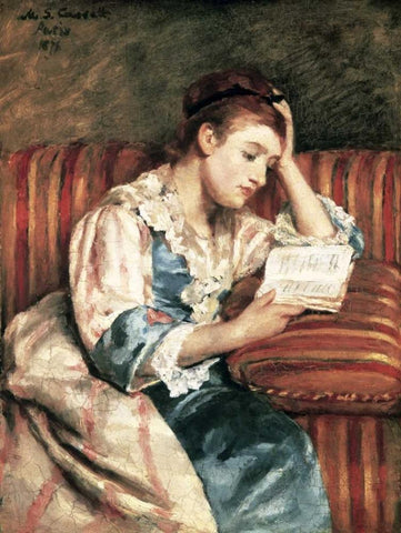 Young Woman Reading White Modern Wood Framed Art Print with Double Matting by Cassatt, Mary