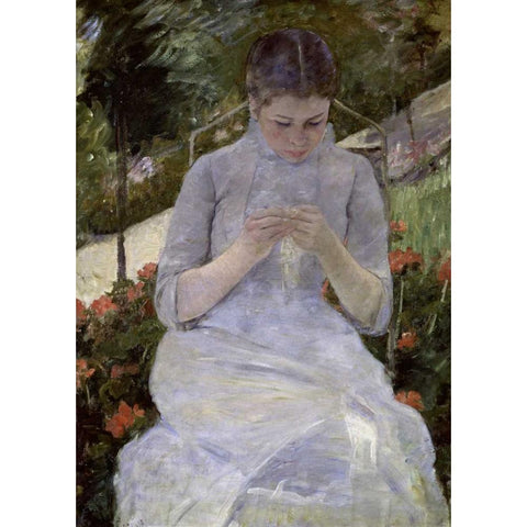 Young Woman Sewing in the Garden White Modern Wood Framed Art Print by Cassatt, Mary