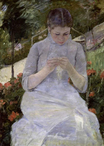 Young Woman Sewing in the Garden White Modern Wood Framed Art Print with Double Matting by Cassatt, Mary