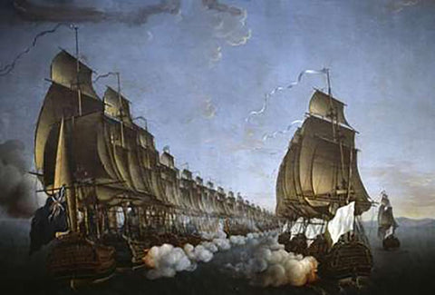 Combat Between The French and English Fleets As Viewed From Goudelour Black Ornate Wood Framed Art Print with Double Matting by Rossel de Cercy, Auguste Louis