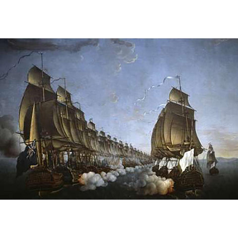 Combat Between The French and English Fleets As Viewed From Goudelour Black Modern Wood Framed Art Print with Double Matting by Rossel de Cercy, Auguste Louis