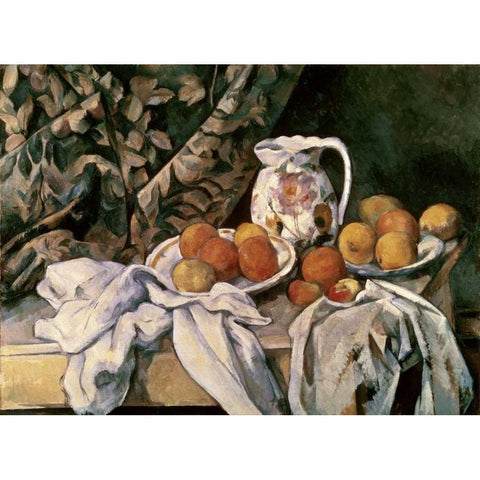 Curtain, Carafe and Fruit Gold Ornate Wood Framed Art Print with Double Matting by Cezanne, Paul