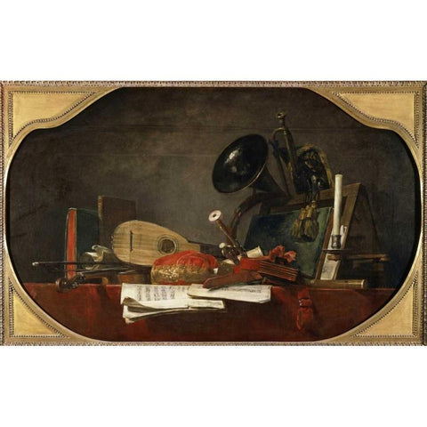 Attributes of Music White Modern Wood Framed Art Print by Chardin, Jean-Baptiste-Simeon