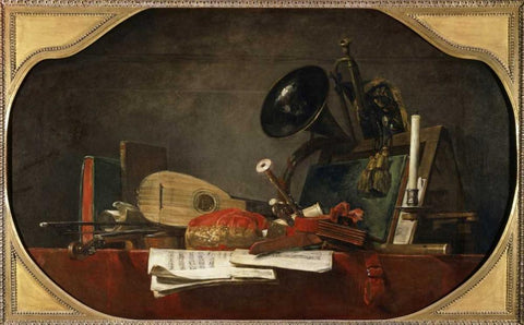 Attributes of Music Black Ornate Wood Framed Art Print with Double Matting by Chardin, Jean-Baptiste-Simeon