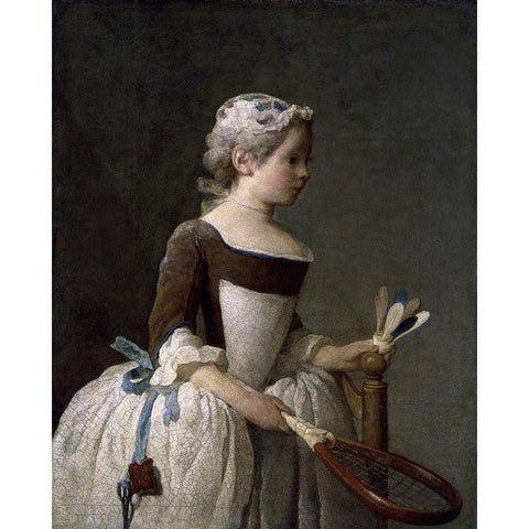 Girl With Racket and Shuttlecock Gold Ornate Wood Framed Art Print with Double Matting by Chardin, Jean-Baptiste-SimÃ©on