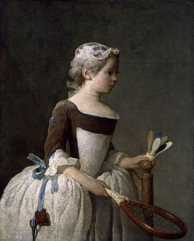 Girl With Racket and Shuttlecock Black Ornate Wood Framed Art Print with Double Matting by Chardin, Jean-Baptiste-SimÃ©on