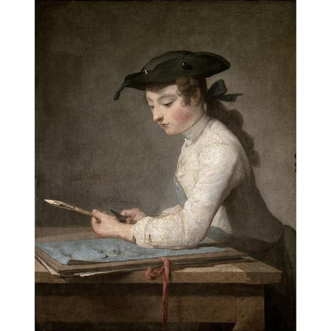 Young Draftsman Black Modern Wood Framed Art Print with Double Matting by Chardin, Jean-Baptiste-SimÃ©on