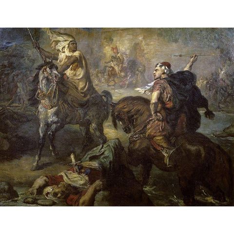 Arab Chiefs Challenging To Combat Under a City Ramparts White Modern Wood Framed Art Print by Chasseriau, Theodore