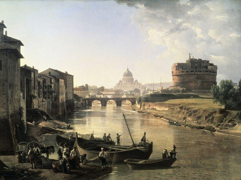 Rome, Castel San Angelo Black Ornate Wood Framed Art Print with Double Matting by Chedrin, Silvestre